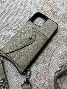 Bandolier Taupe Pebbled Leather Phone Case with Card Pocket & Strap